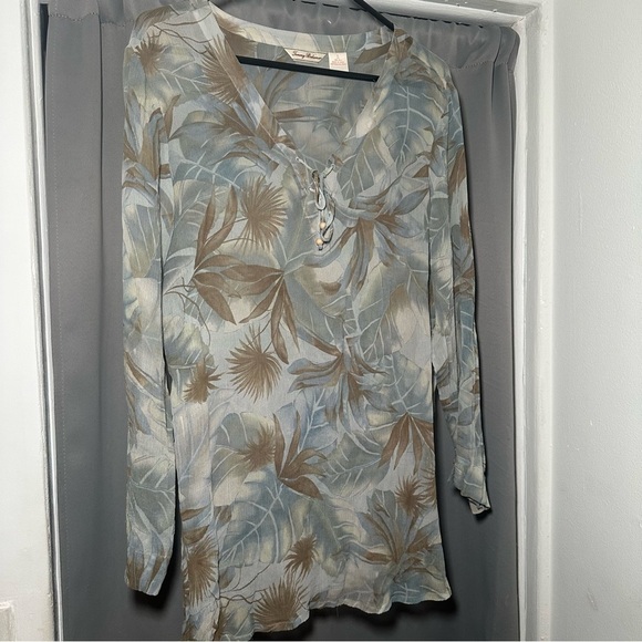 Tommy Bahama Blue and Brown Leaf Print Silk Sheer Blouse XL - Picture 4 of 16